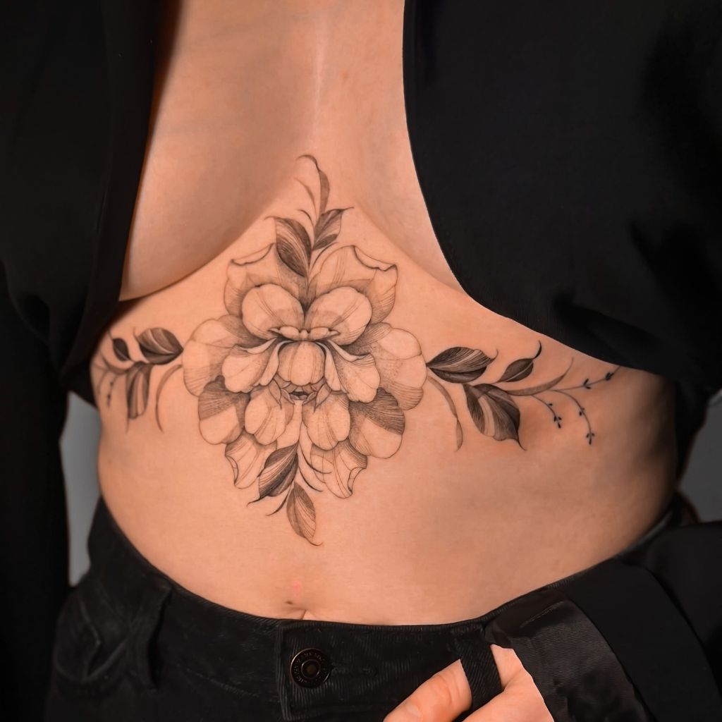 Tatouage pivoine fine line sur le sternum réalisé au salon Encorps Studio à Nîmes | Garons